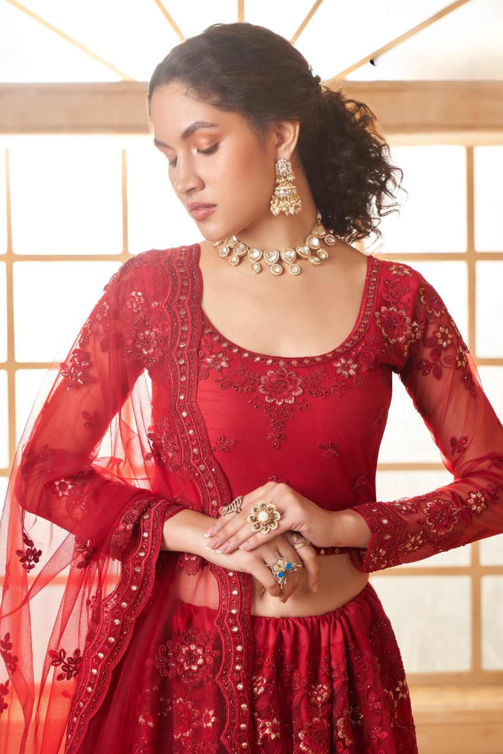Bridal Red Net Lehenga Choli With Rich Embroidery & Dupatta