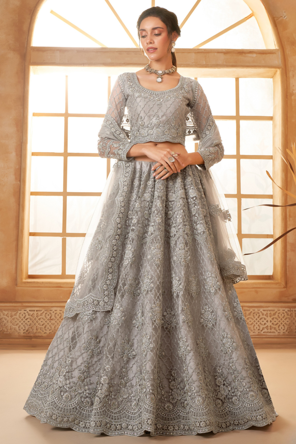 Charming Grey Soft Net Lehenga Choli For Engagement Ceremonies