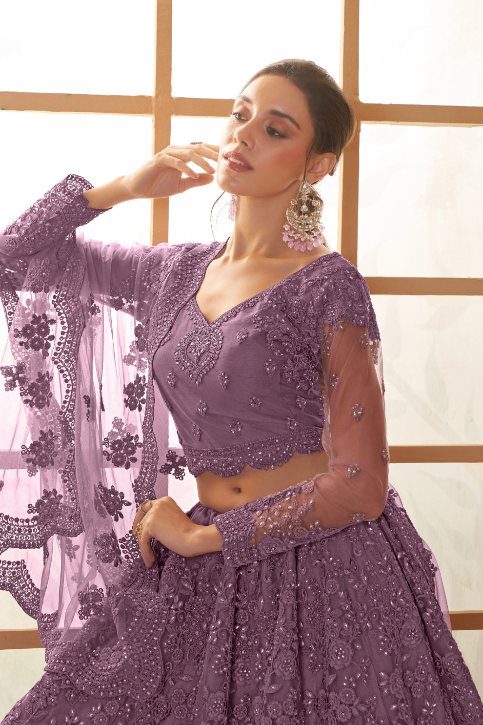 Designer Purple Embroidered Net Lehenga Choli Set With Dupatta