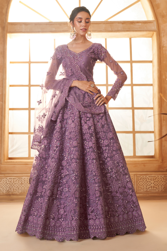 Designer Purple Embroidered Net Lehenga Choli Set With Dupatta