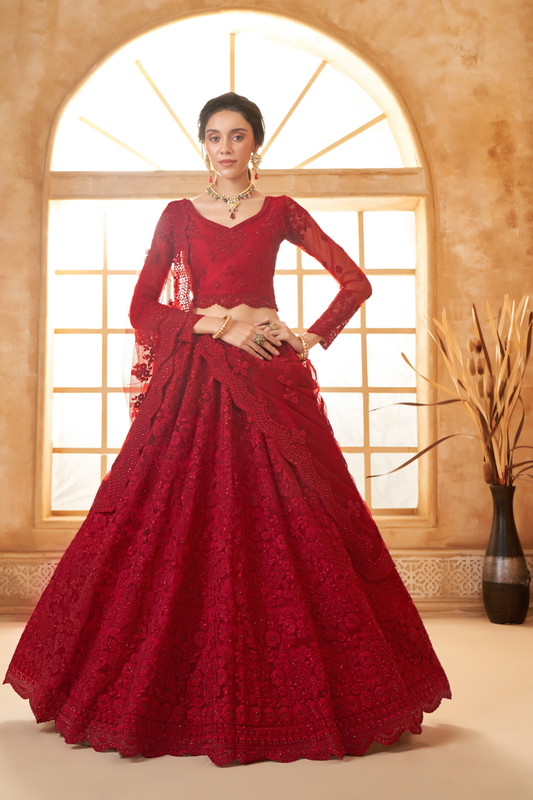 Gorgeous Red Net Lehenga Choli With Intricate Embroidery
