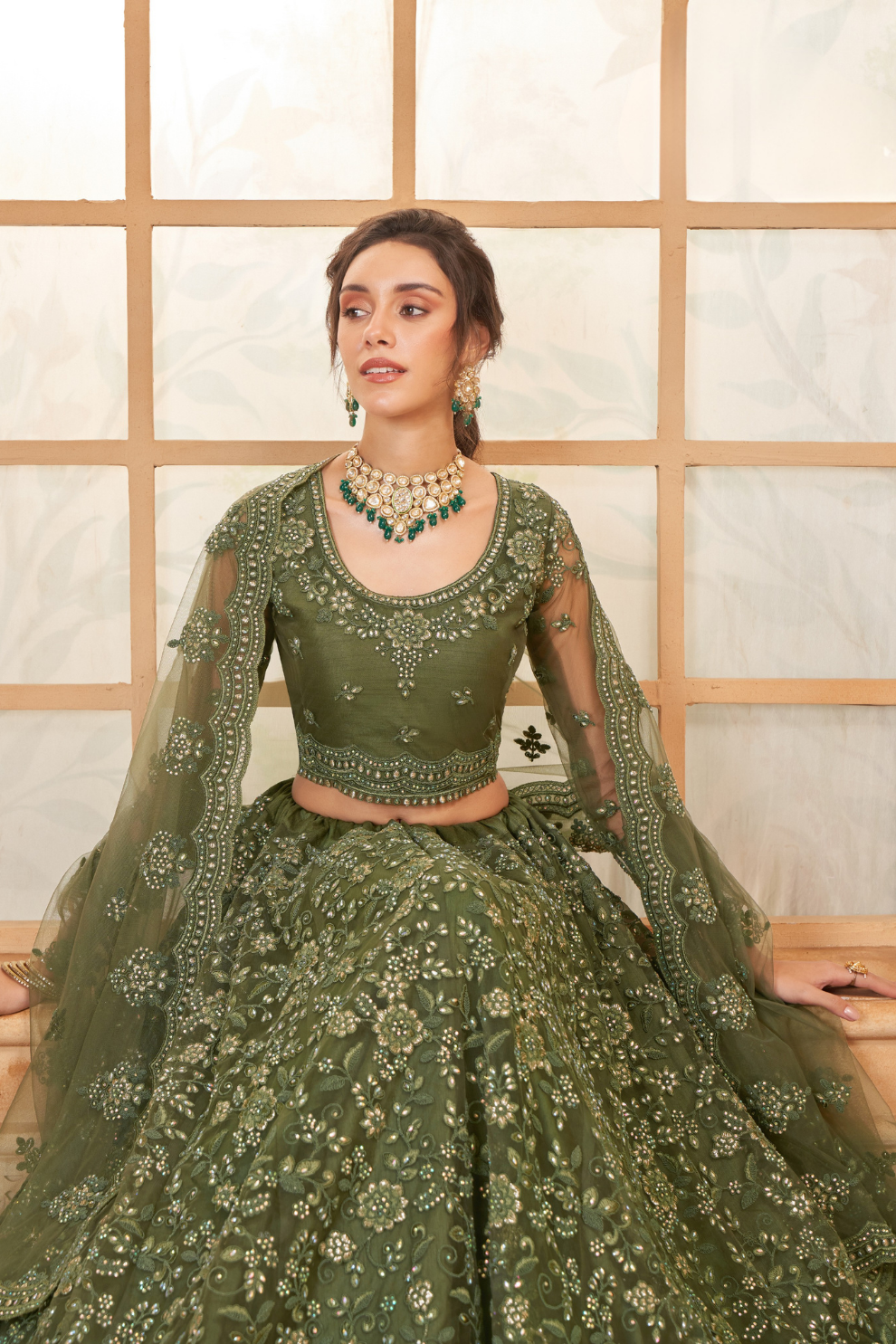 Vibrant Olive Green Mehendi Wear Lehenga Choli In Designer Net