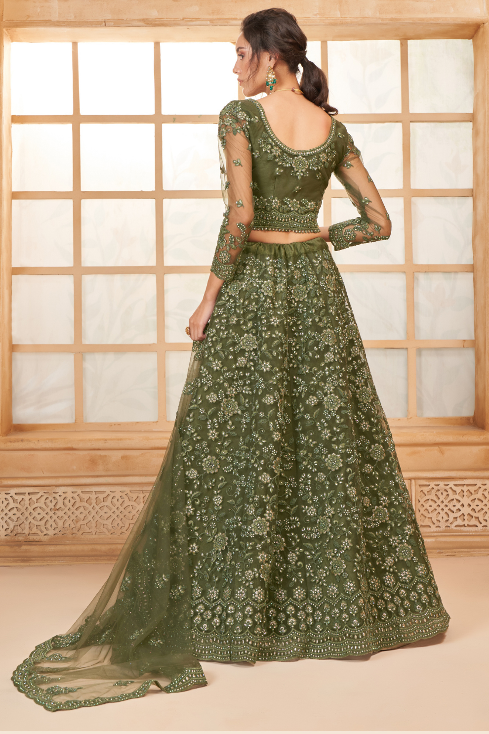 Vibrant Olive Green Mehendi Wear Lehenga Choli In Designer Net