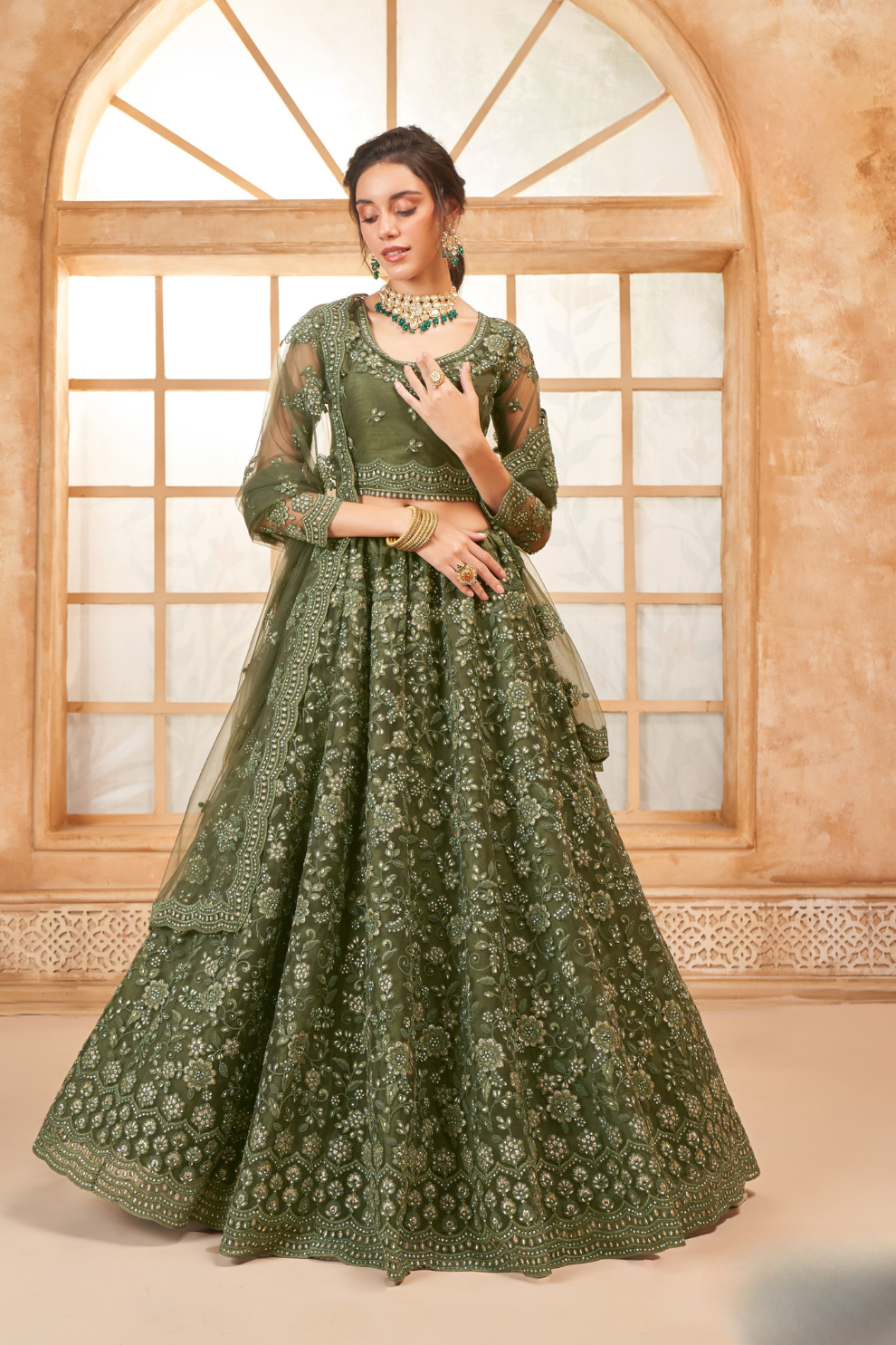 Vibrant Olive Green Mehendi Wear Lehenga Choli In Designer Net