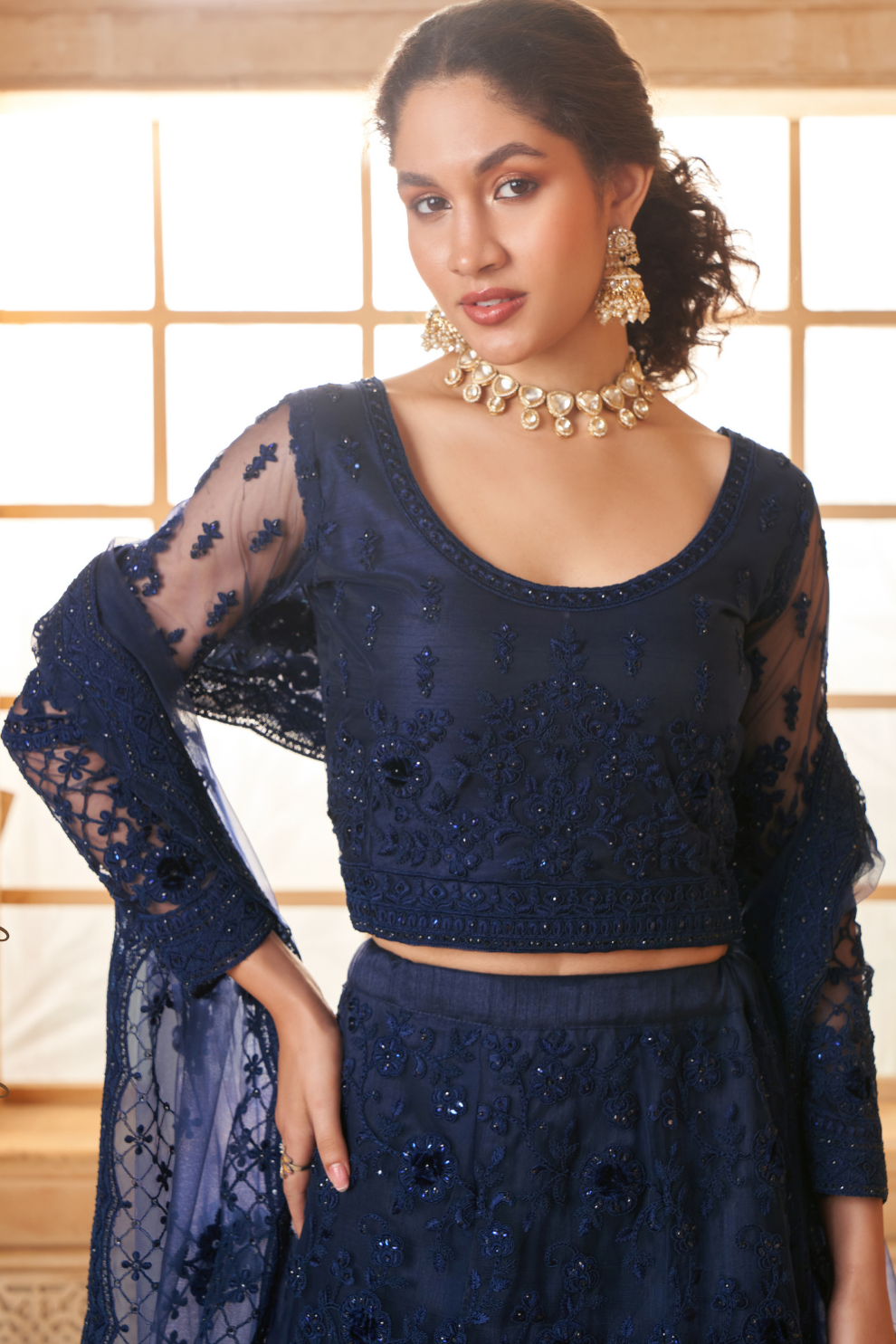 Festive Navy Blue Stone-Studded Net Lehenga Skirt