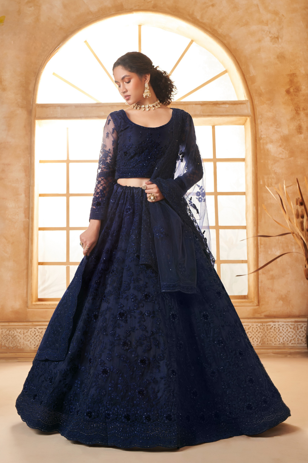 Festive Navy Blue Stone-Studded Net Lehenga Skirt