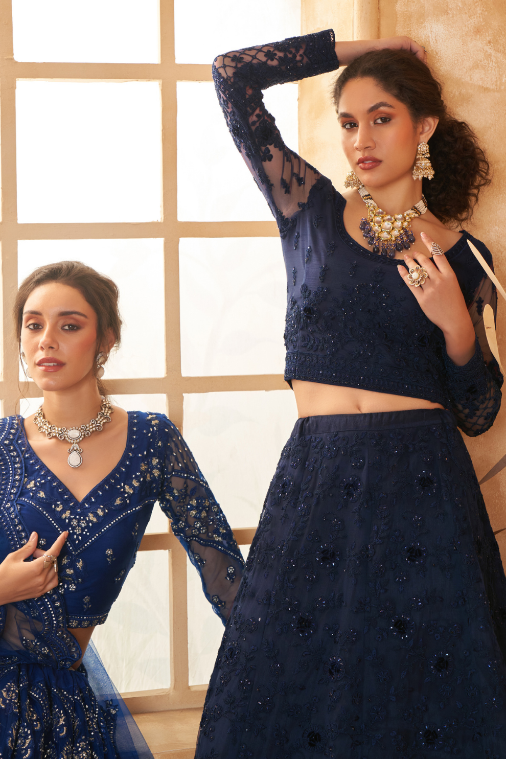 Festive Navy Blue Stone-Studded Net Lehenga Skirt