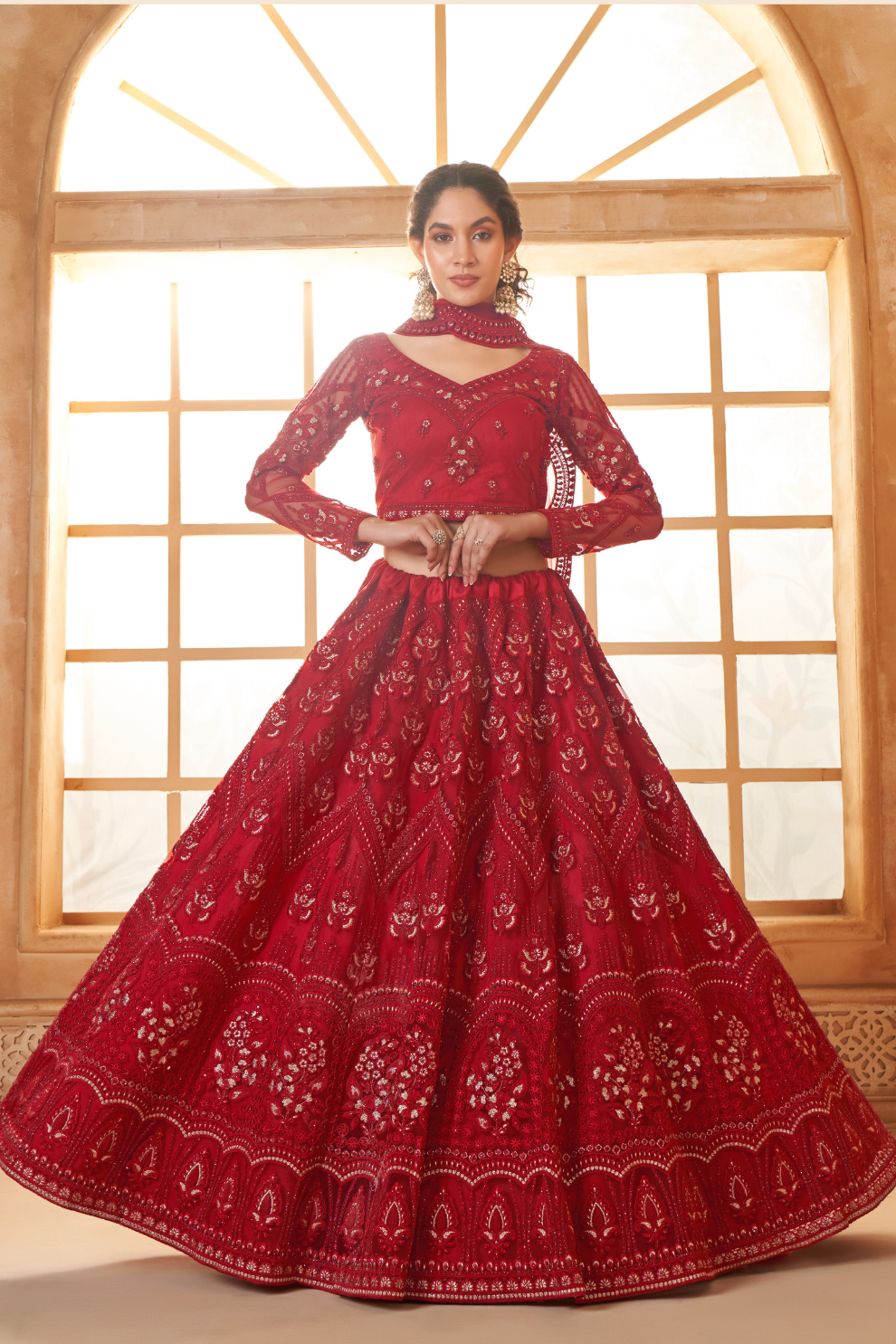 Classic Red Partywear Net Lehenga With Diamond Detailing