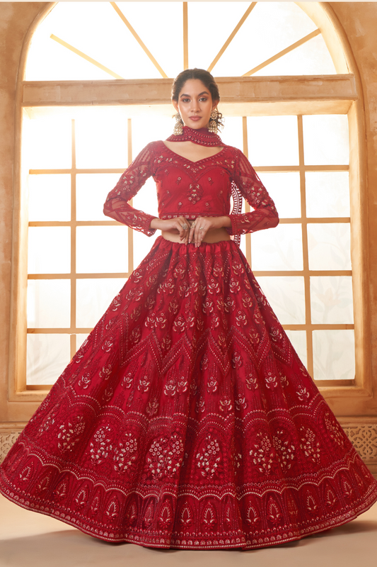 Classic Red Partywear Net Lehenga With Diamond Detailing