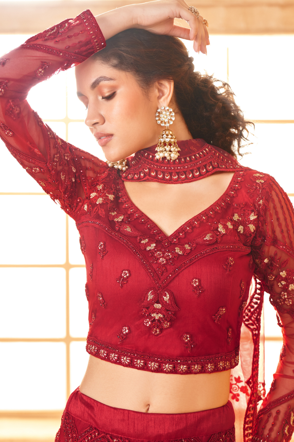 Classic Red Partywear Net Lehenga With Diamond Detailing