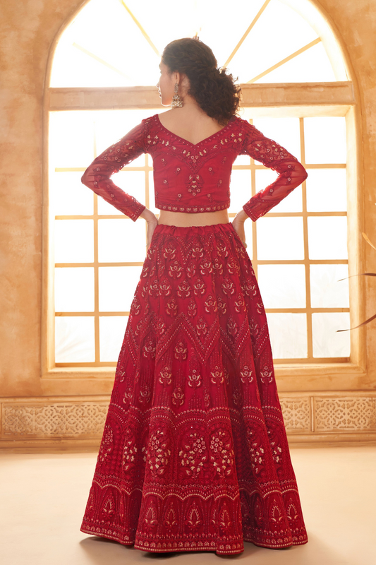 Classic Red Partywear Net Lehenga With Diamond Detailing