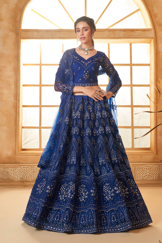 Graceful Royal Blue Party Lehenga Choli With All-Over Thread