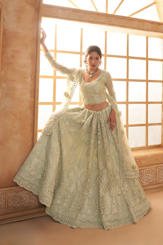 Elegant Pista Green Net Lehenga Choli With Rich Embroidery