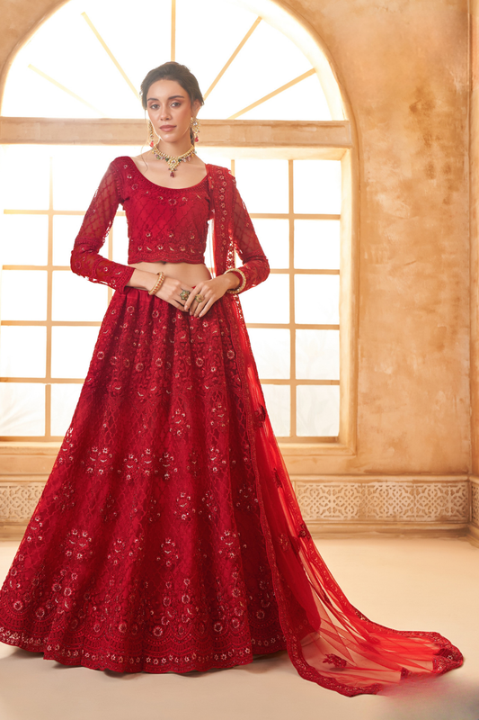 Red Cord Embellished Designer Lehenga Choli For Weddings & Parties