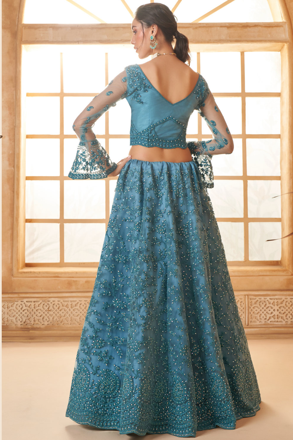 Graceful Light Blue Embroidered Net Lehenga With Sparkling