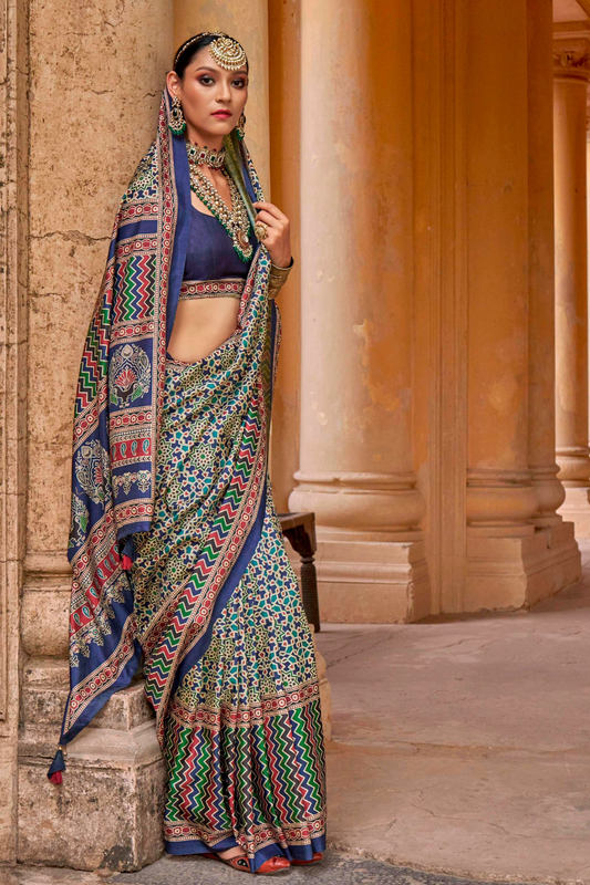 Polyester Viscose Silk Saree with Exclusive Ajrakh Print - LaVante Fashion
