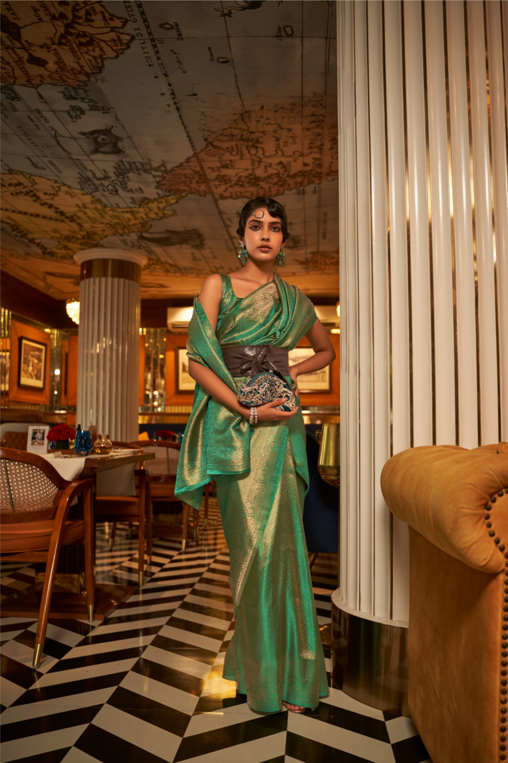 Nylon Satin Saree with Copper Zari Weaving Elegance