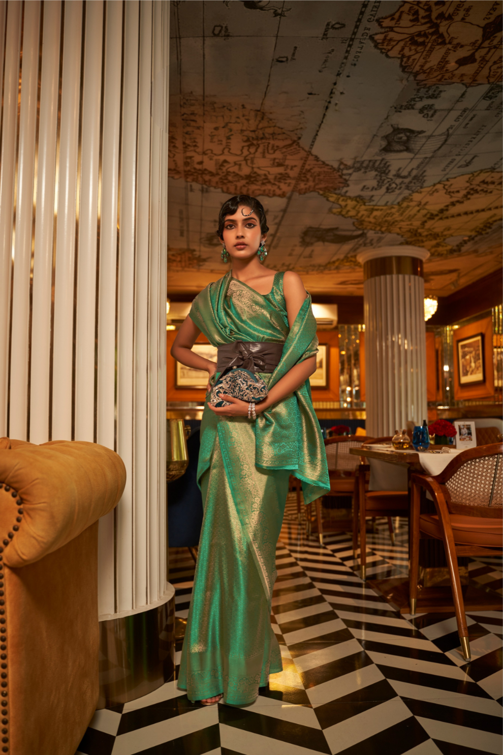 Nylon Satin Saree with Copper Zari Weaving Elegance