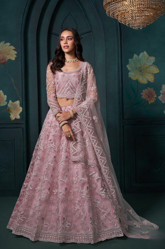Elegant Dusty Pink Lehenga In Net With Hand Embroidery And Sequins