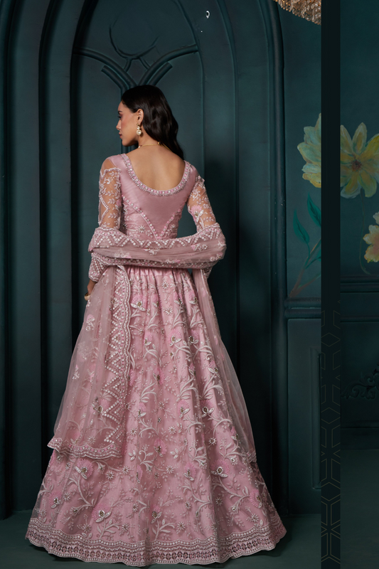 Elegant Dusty Pink Lehenga In Net With Hand Embroidery And Sequins