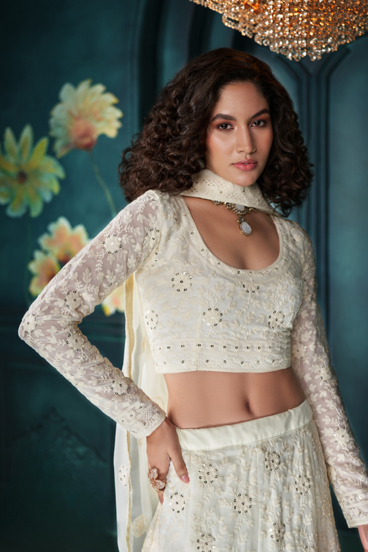 Designer White Georgette Lehenga With Intricate Thread