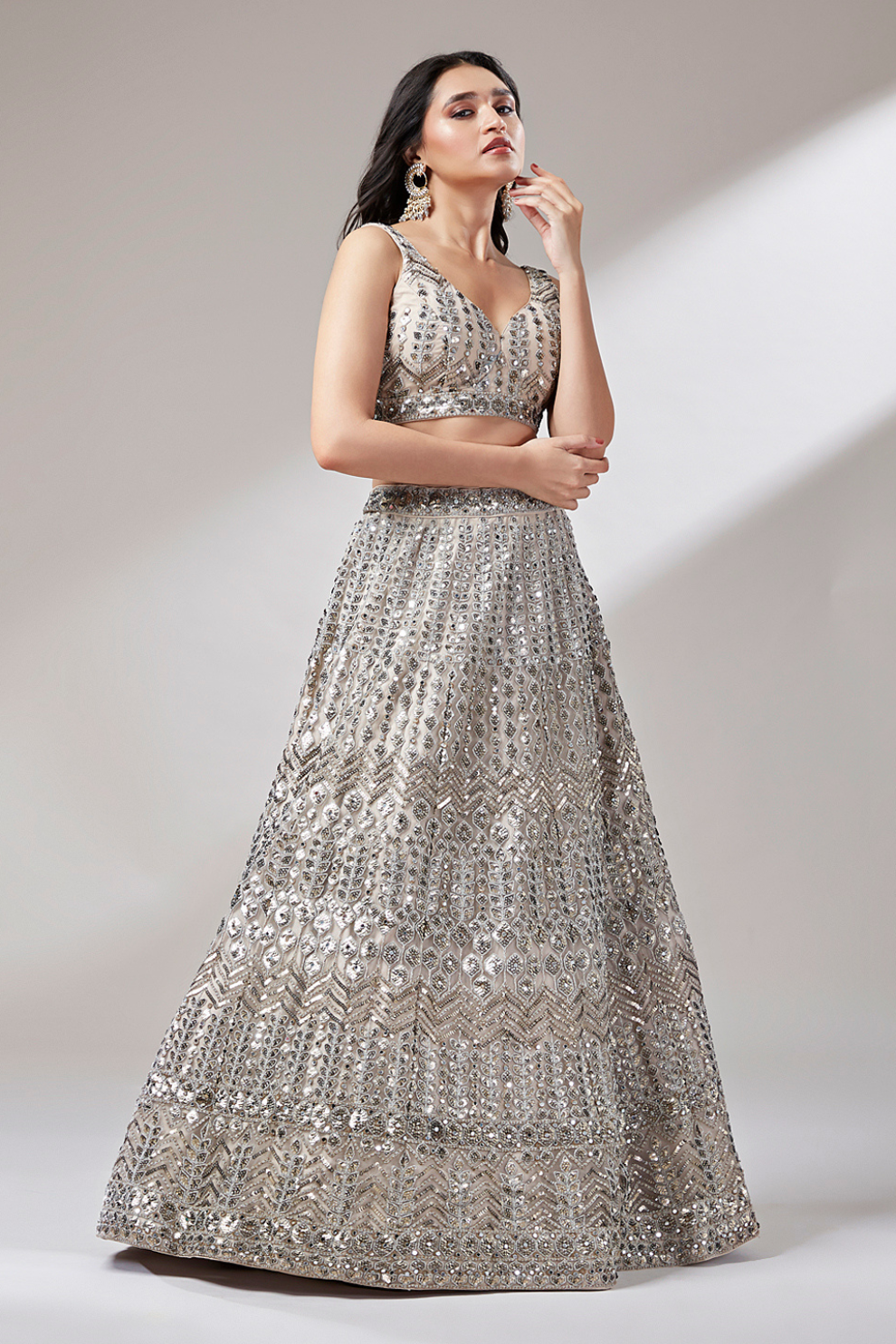Elegant Mirror & Sequin Embroidered Net Party Lehenga