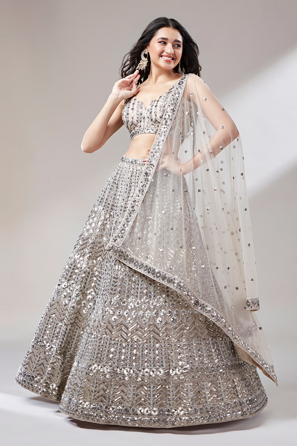 Elegant Mirror & Sequin Embroidered Net Party Lehenga