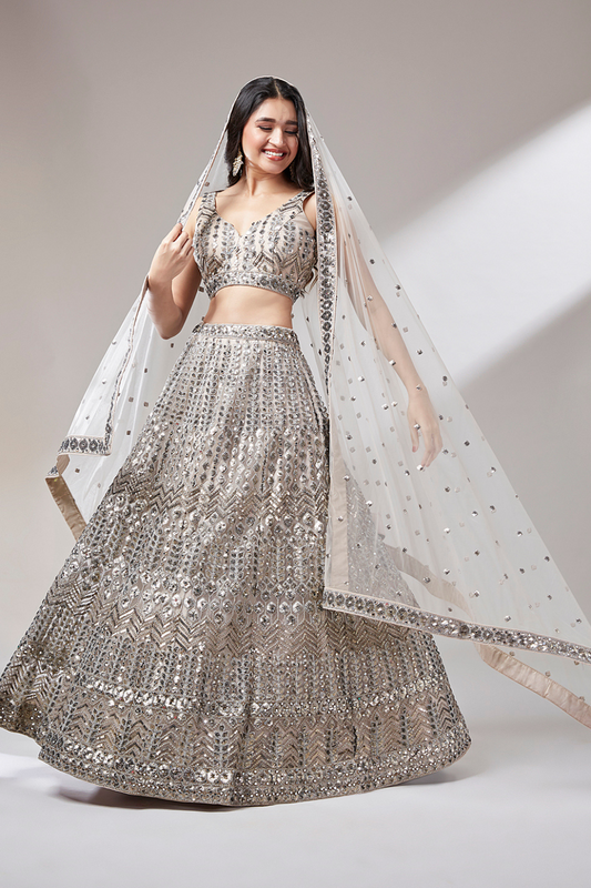 Elegant Mirror & Sequin Embroidered Net Party Lehenga