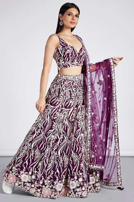 Net Sequins And Thread Embroidery Lehenga Choli Dupatta
