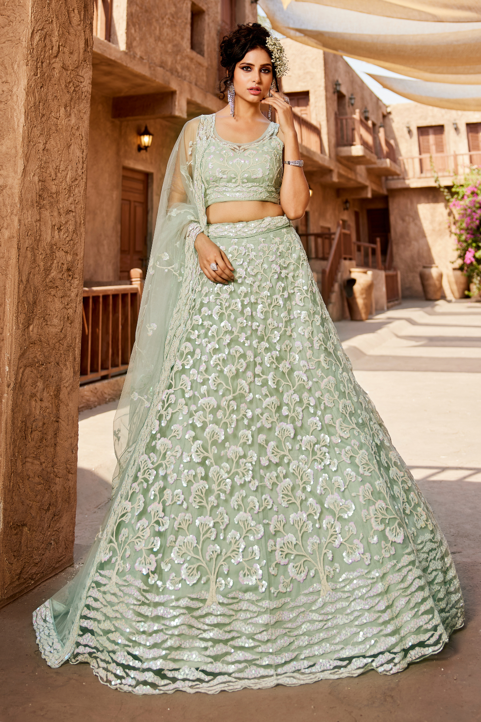 Designer Net Lehenga Choli with Sequin Embroidery and Coordinated Dupatta