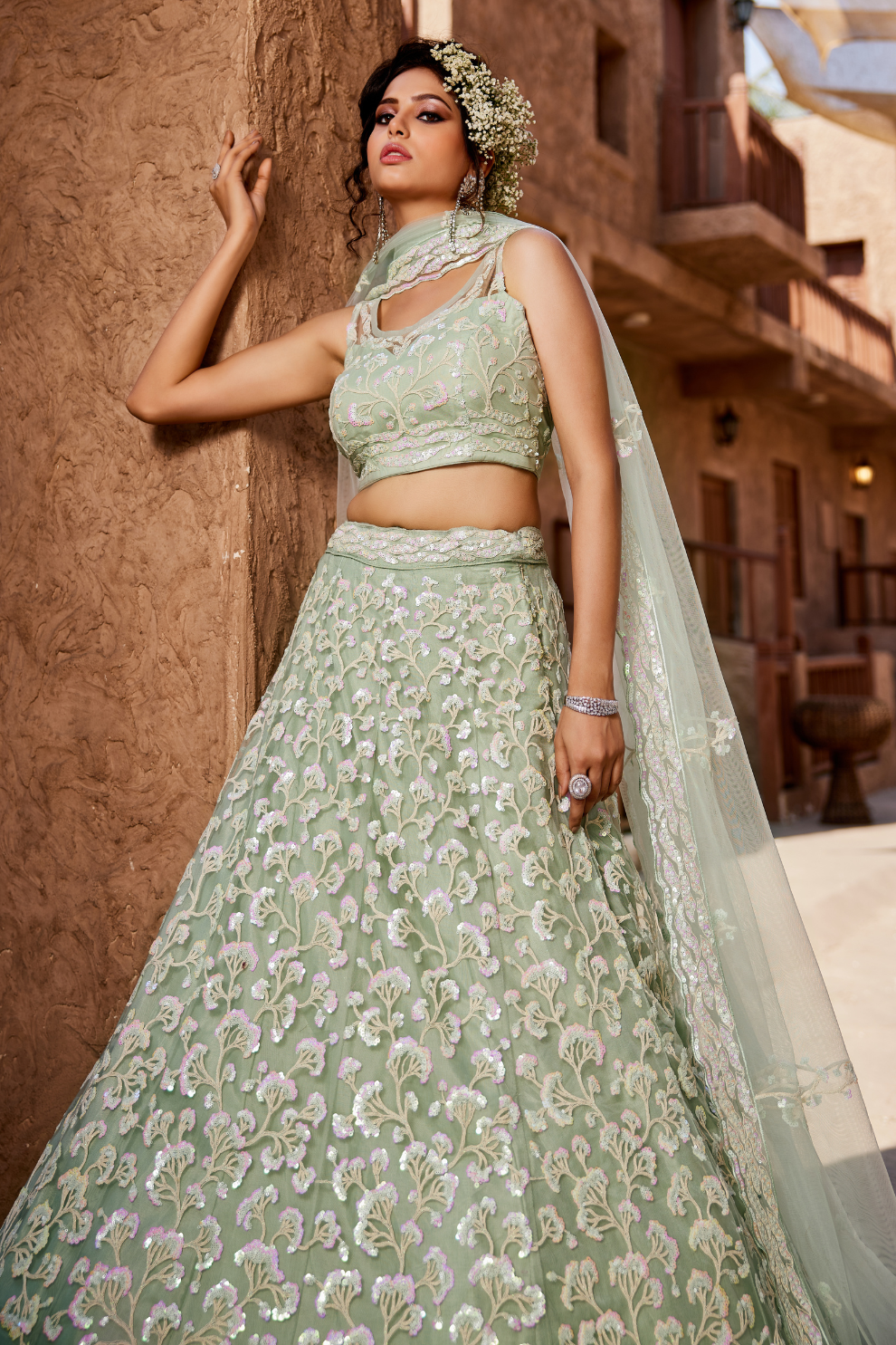 Designer Net Lehenga Choli with Sequin Embroidery and Coordinated Dupatta