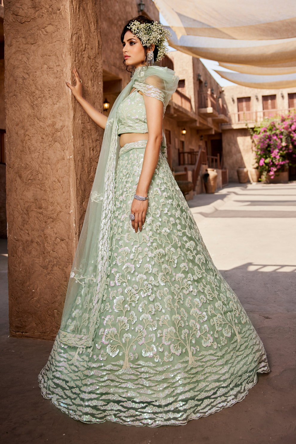 Designer Net Lehenga Choli with Sequin Embroidery and Coordinated Dupatta