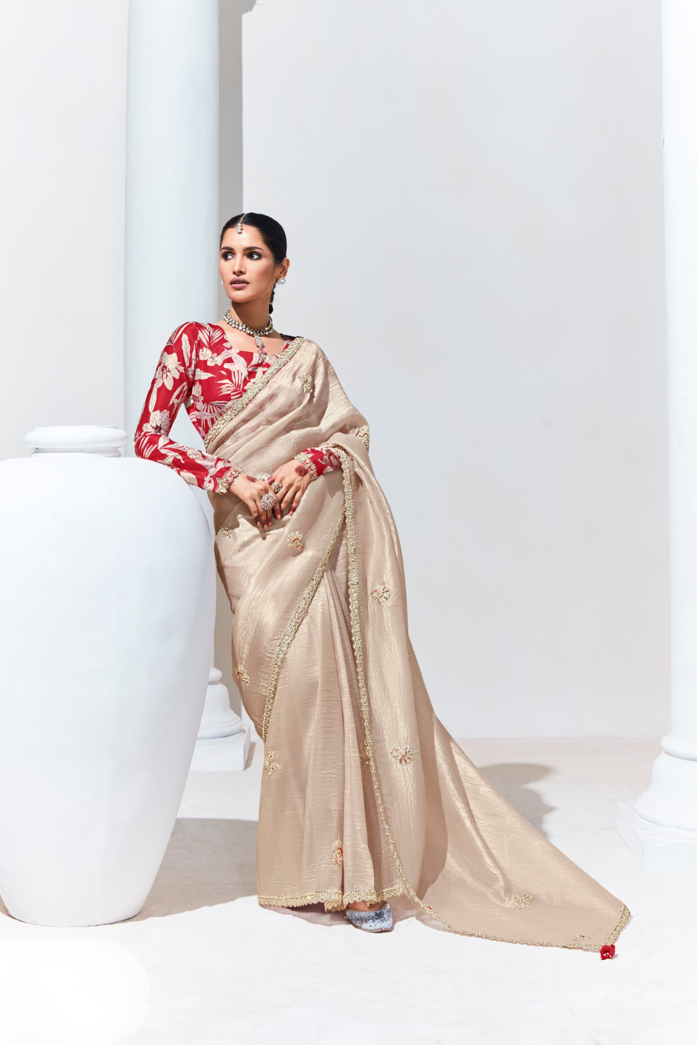 Elegant Tissue Saree with Sequins and Thread Embroidery Work