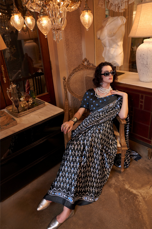 Patola Printed Satin Crepe Saree with Rich Ethnic Detailing
