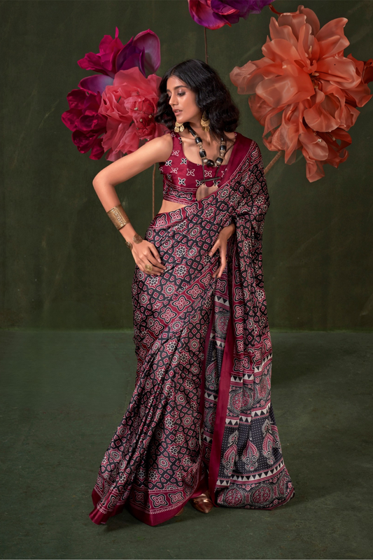 Printed Ajrakh Satin Crepe Saree with Ethnic Artistic Patterns