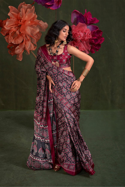 Printed Ajrakh Satin Crepe Saree with Ethnic Artistic Patterns