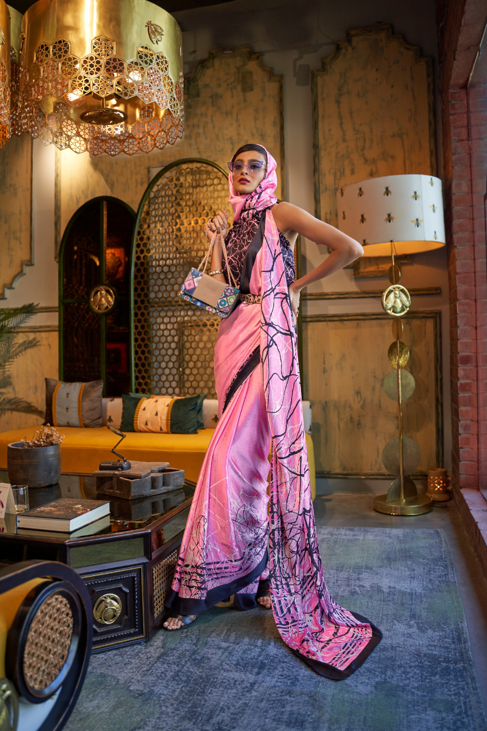 Printed Japan Satin Creep Saree with Elegant Flowing Drape