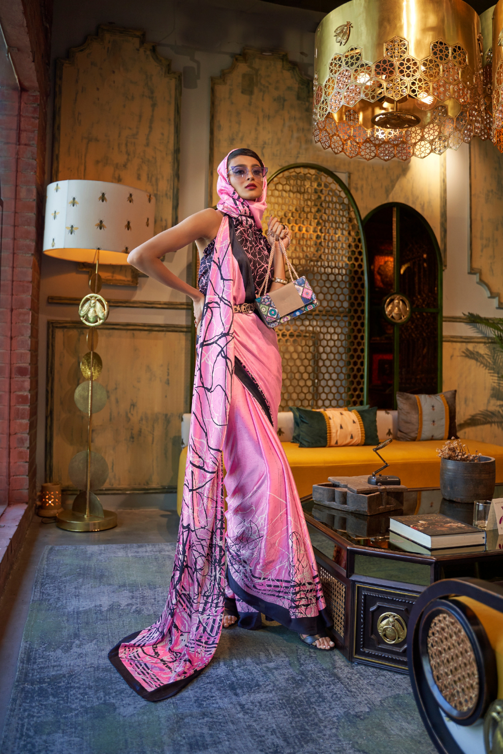 Printed Japan Satin Creep Saree with Elegant Flowing Drape