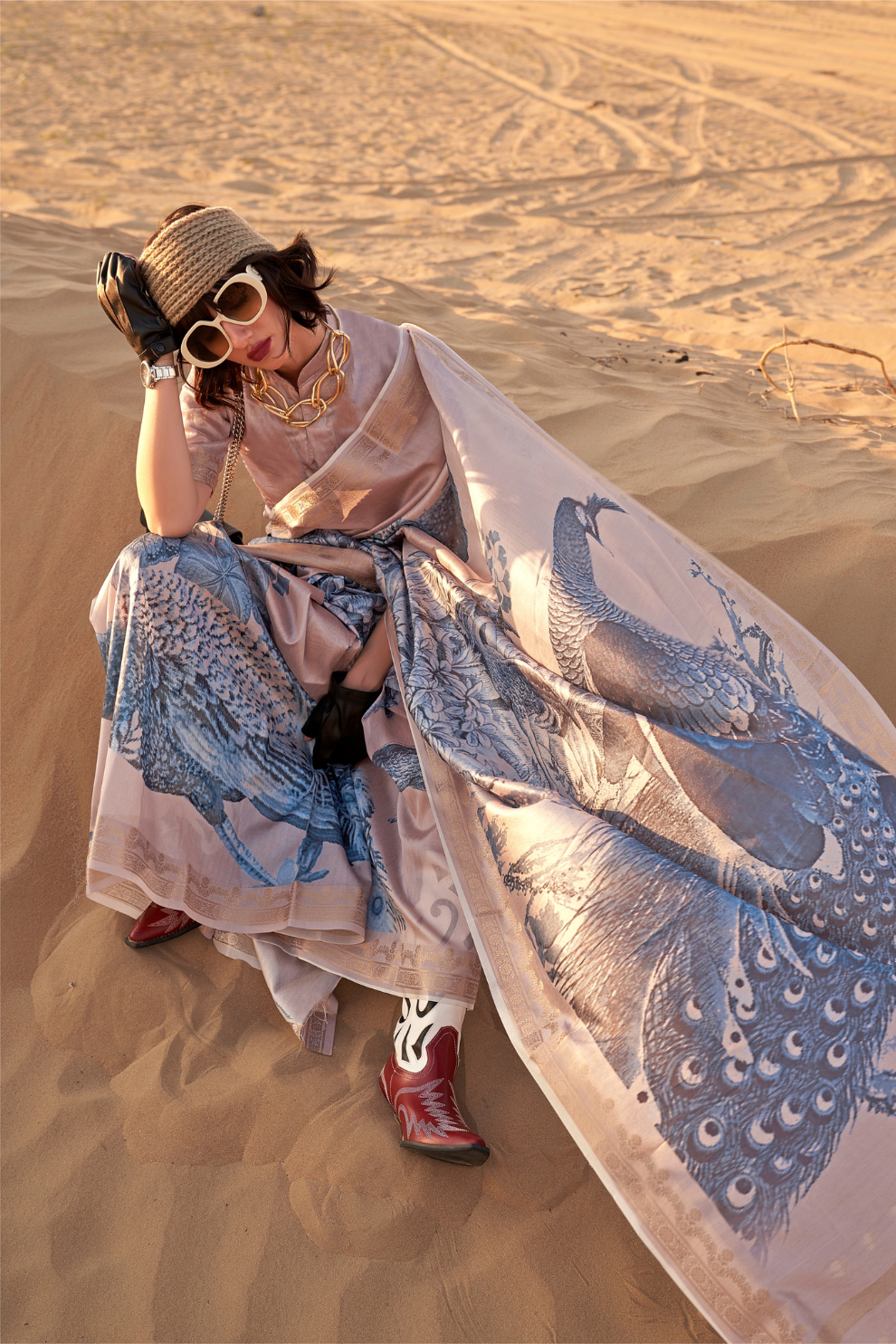 Printed Tussar Silk Saree with Elegant Artistic Patterns