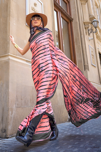 Printed Satin Creep Saree with Smooth Modern Style Finish