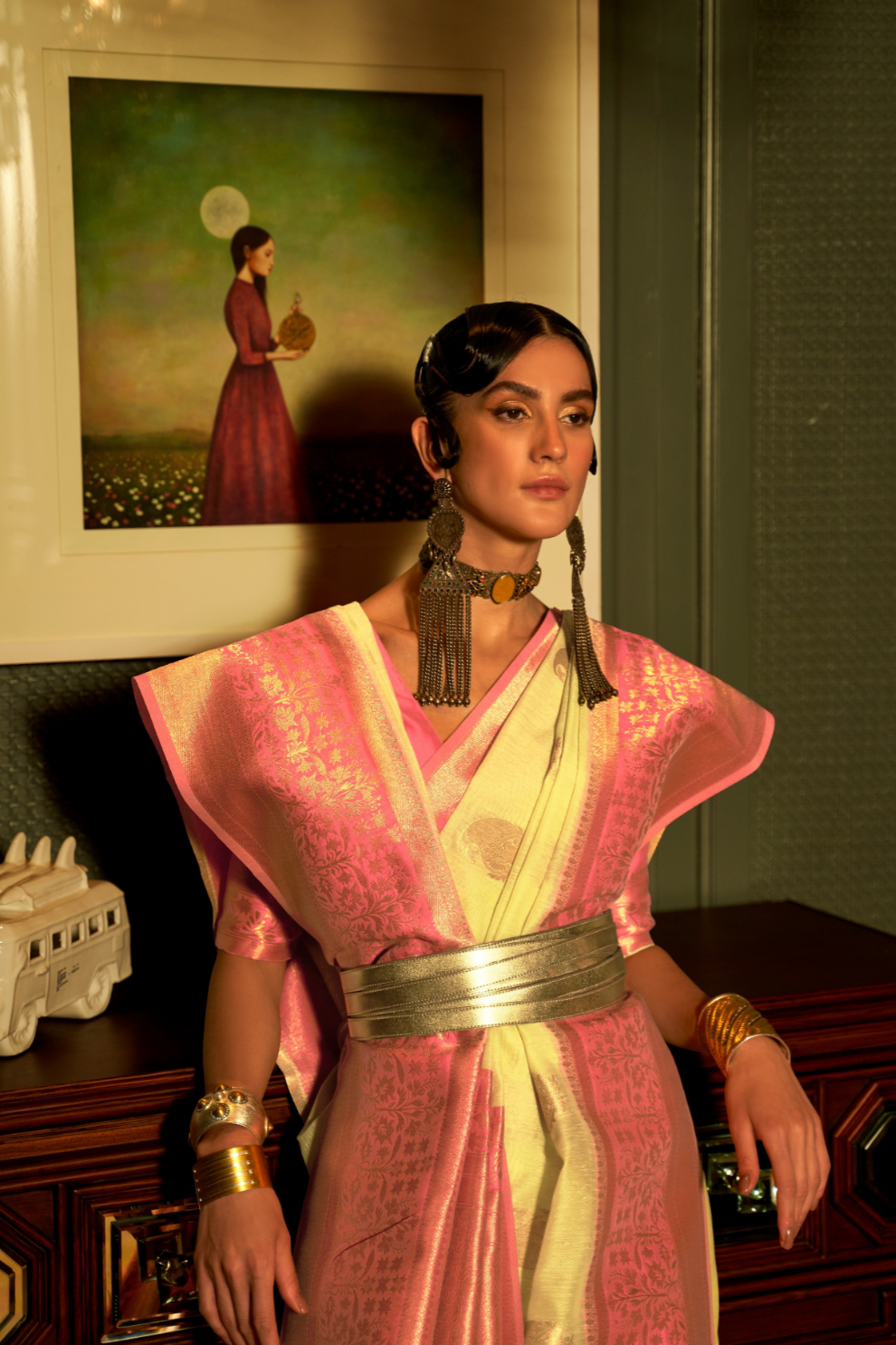 Pure Linen Weaving Saree with Stylish Copper Zari Work