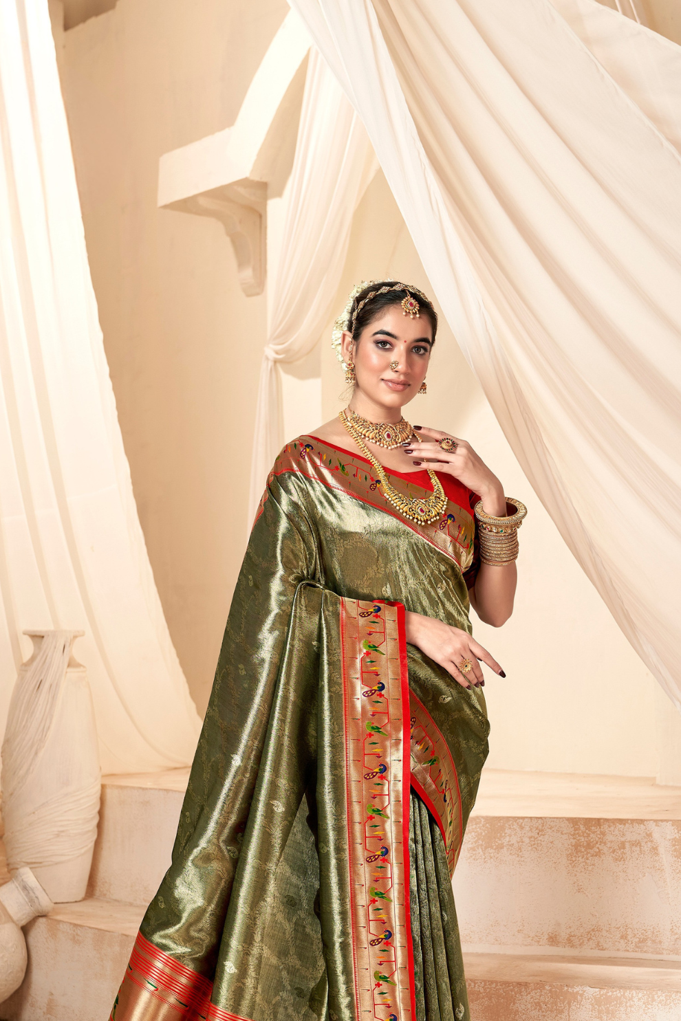 Pure Paithani Tissue Silk Saree with Rich Zari Border - LaVante Fashion