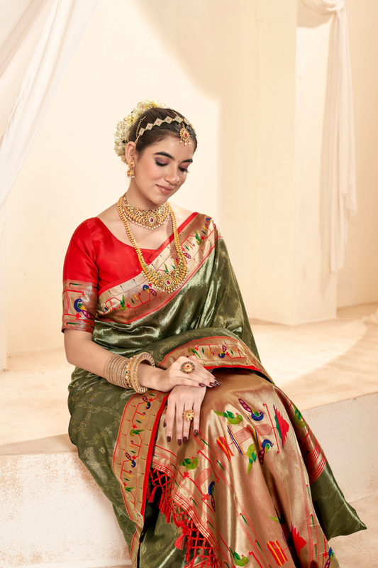 Pure Paithani Tissue Silk Saree with Rich Zari Border - LaVante Fashion