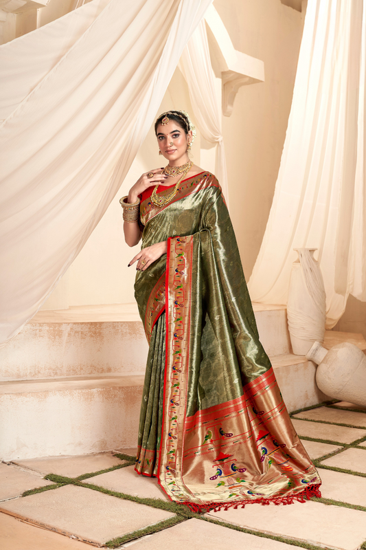 Pure Paithani Tissue Silk Saree with Rich Zari Border - LaVante Fashion