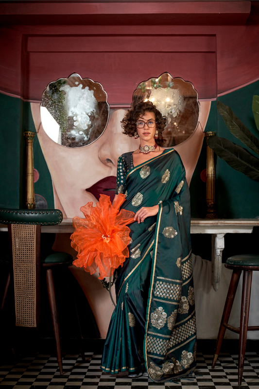 Banarasi Satin Silk Saree with Dual Zari Motifs Finish