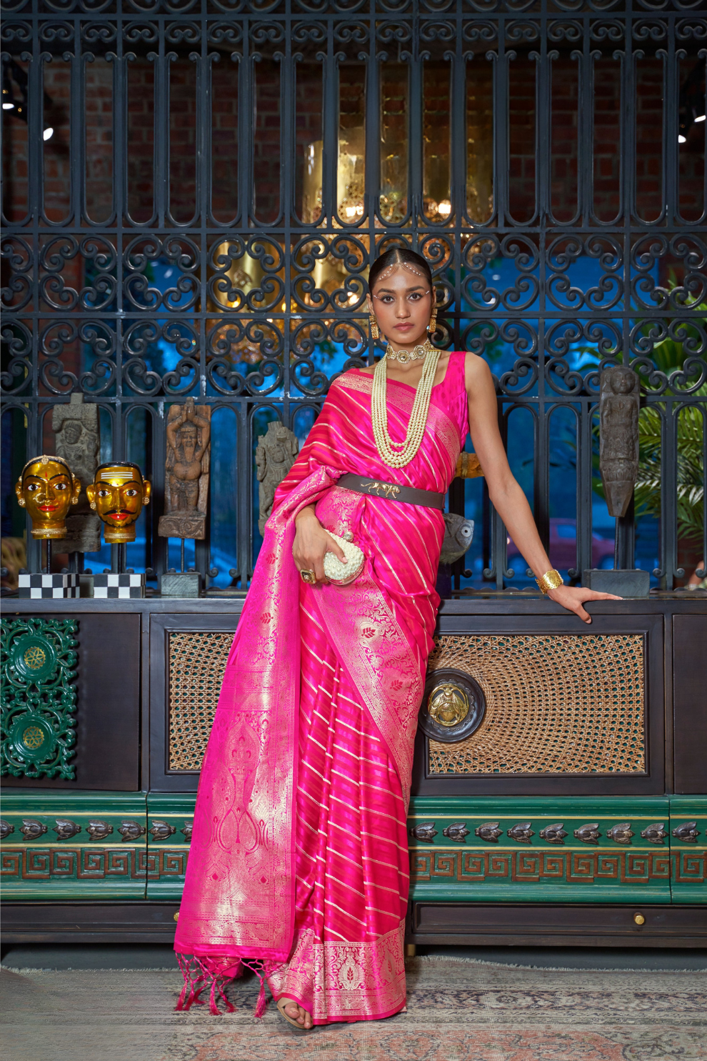 Elegant Fuchsia Satin Saree with Smooth Lustrous Finish