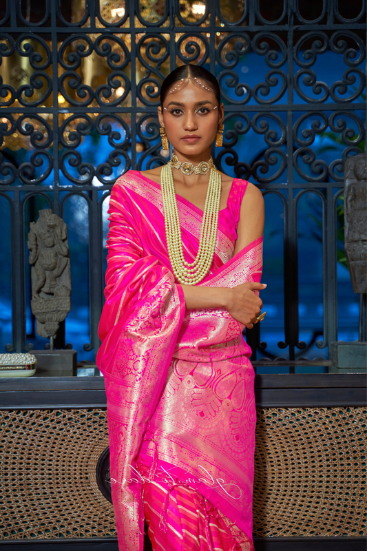 Elegant Fuchsia Satin Saree with Smooth Lustrous Finish