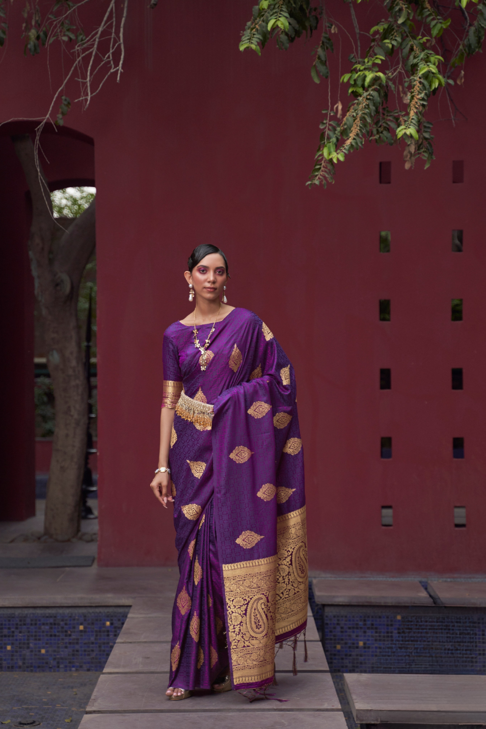 Printed Silk Saree with Zari Border and Tassels