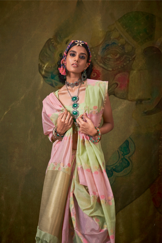 Pure Spun Rangkaat Weaving Saree with Heavy Pallu & Tassels