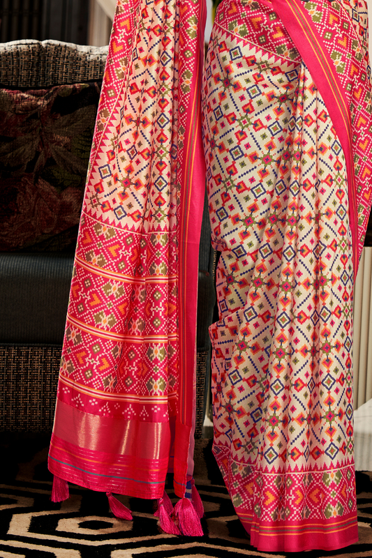 Pure Tussar Silk Saree with Patola Print & Lagdi Patta Pallu - LaVante Fashion